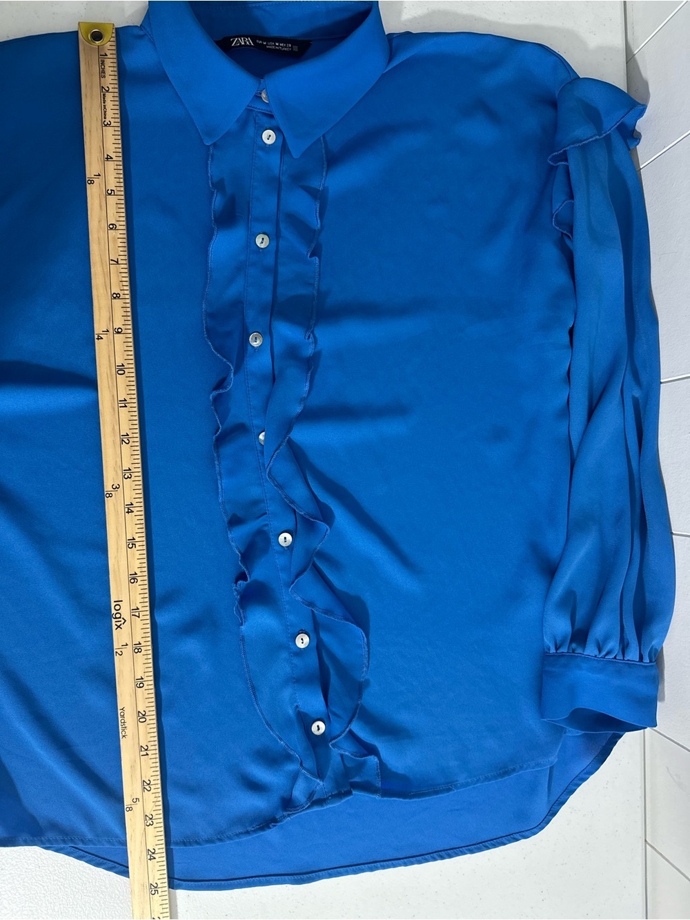 Zara Women's Size M Blue Long Sleeve Ruffle Button Down Shirt Blouse Top - Picture 11 of 11